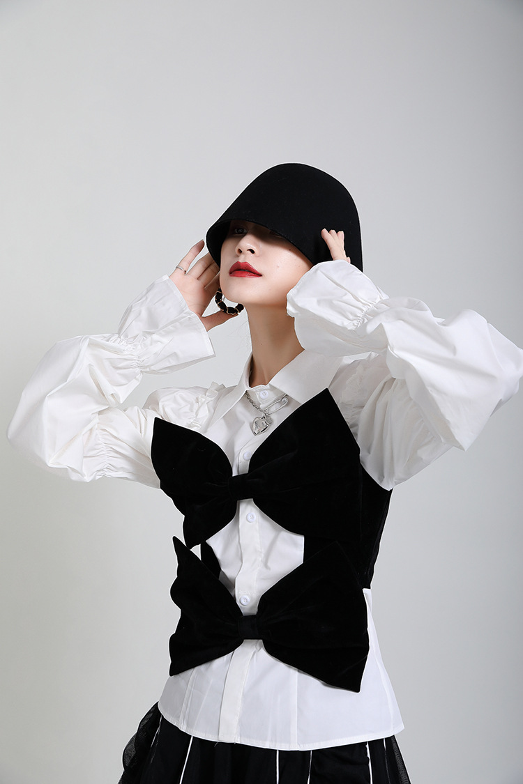 Wooden Ear Stitching Velvet Bow Shirt Women'S Spring And Summer Design Puff Sleeve Age Reducing Blouse