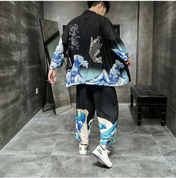 Wave Print Summer Men'S Suit Trendy Casual Plus Size Cropped Wide-Leg Pants Antique Loose Blouse Short Sleeves