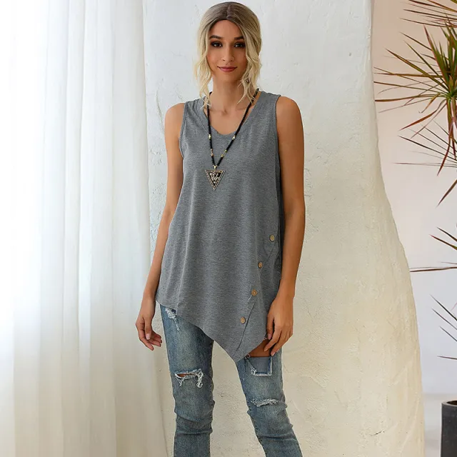 Sleeveless Top Irregular Button U Neck Vest Grey - Shop at LoveMi
