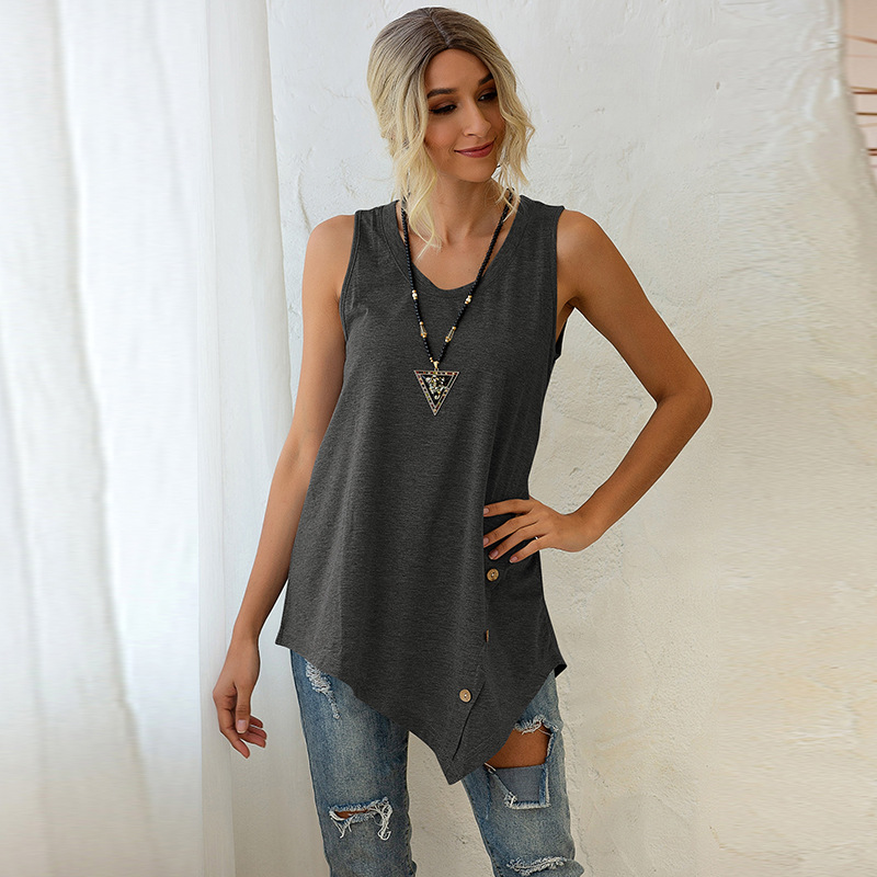 Sleeveless Top Irregular Button U-Neck Vest