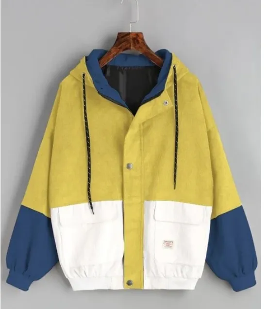 Korean version of college wind student BF loose color matching hooded baseball uniform corduroy tooling jacket female Yellow A - Shop at LoveMi