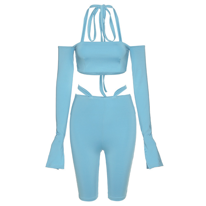 One shoulder Long Sleeved T shirt High Waist Bag Hip Shorts Casual Suit