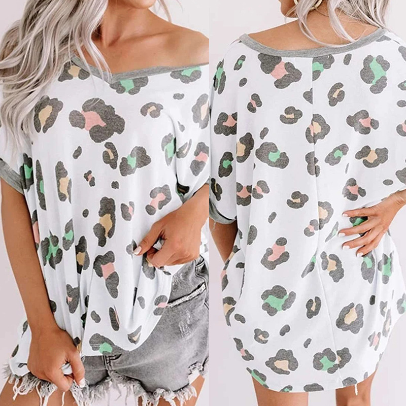 Leopard Print Top V neck Short sleeved T shirt Women White - Shop at LoveMi