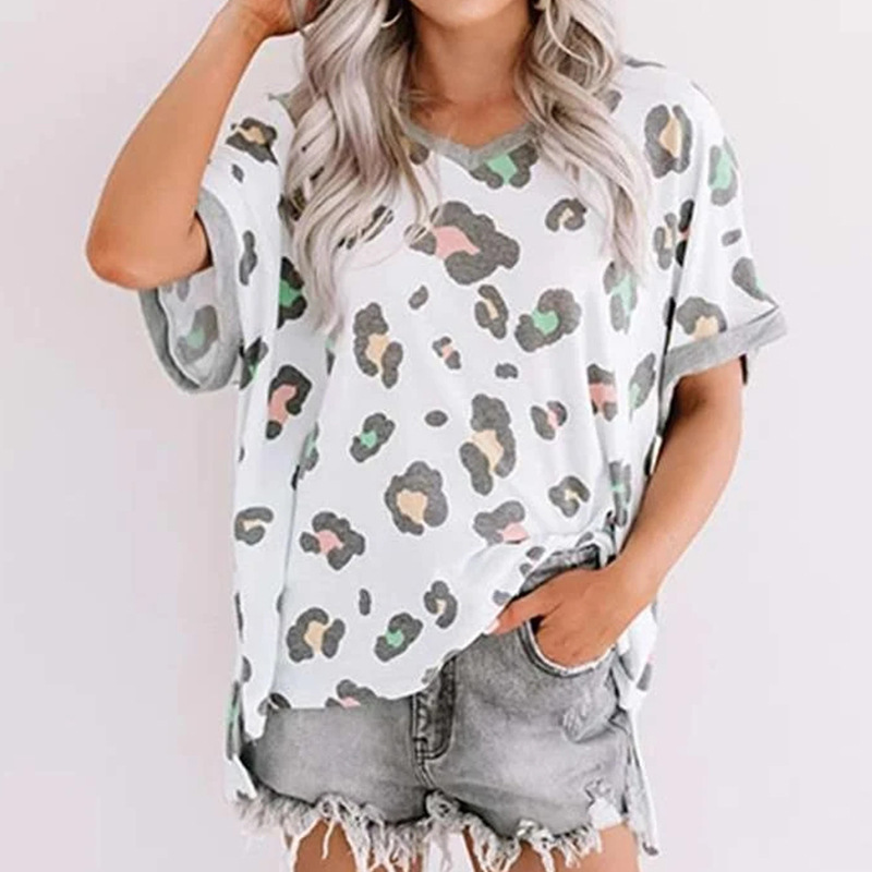 Leopard Print Top V-neck Short-sleeved T-shirt Women