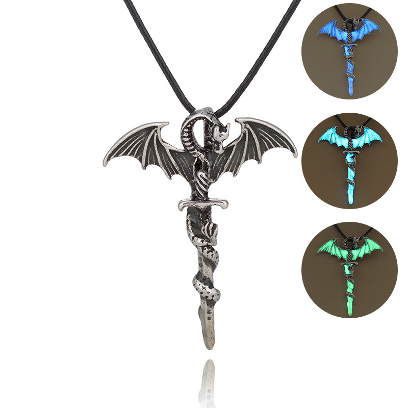 Pterodactyl Ancient Silver Sword Luminous Leather Cord Necklace