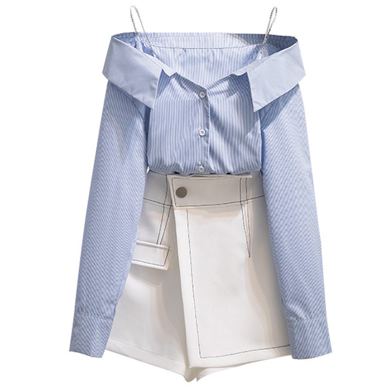 New Sexy One-Word Collar Leaky Shoulder Hong Kong Style Striped Shirt High Waist Design Culottes Suit