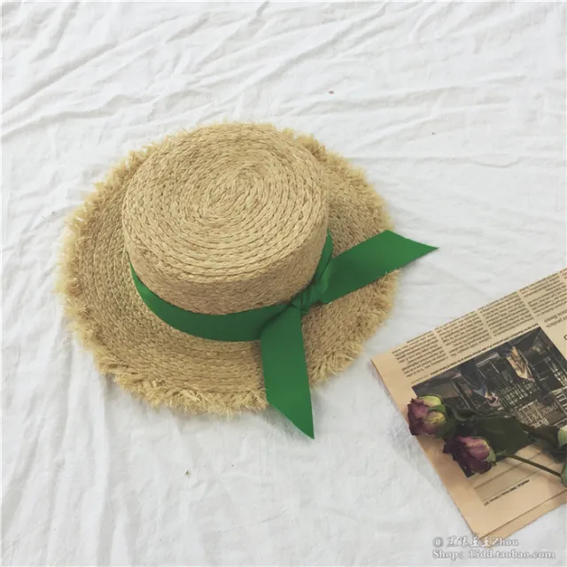 Luna&Dolphin Handmade Women Summer Sun Hat Beach Raffia Panama Straw Cap Big Brim Black White Bow Ribbon Temperament Flat UV Cut Green Belt - Shop at LoveMi