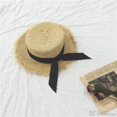 Luna&Dolphin Handmade Women Summer Sun Hat Beach Raffia Panama Straw Cap Big Brim Black White Bow Ribbon Temperament Flat UV Cut - Black Belt - View 1