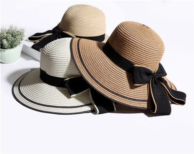 Sun Hat Big Black Bow Summer Hats For Women Foldable Straw Beach Panama Hat Visor Wide Brim Femme Female New Cream Colored - Shop at LoveMi