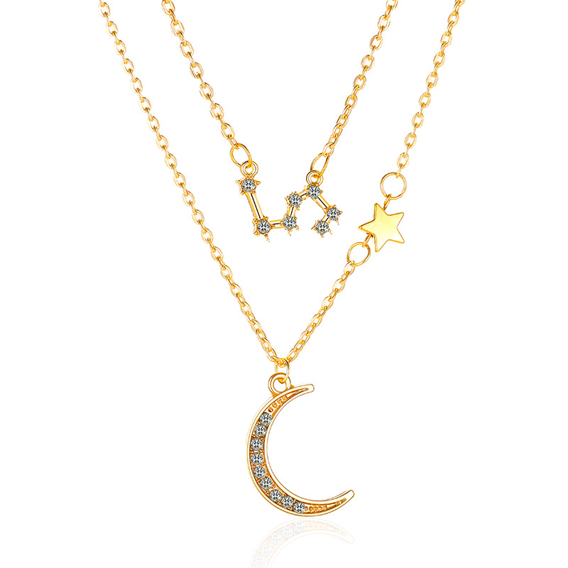 Cross-Border Double Layer Stars And Moon Clavicle Chain Temperament Set With Diamonds Twelve Constellation Necklace Accessories