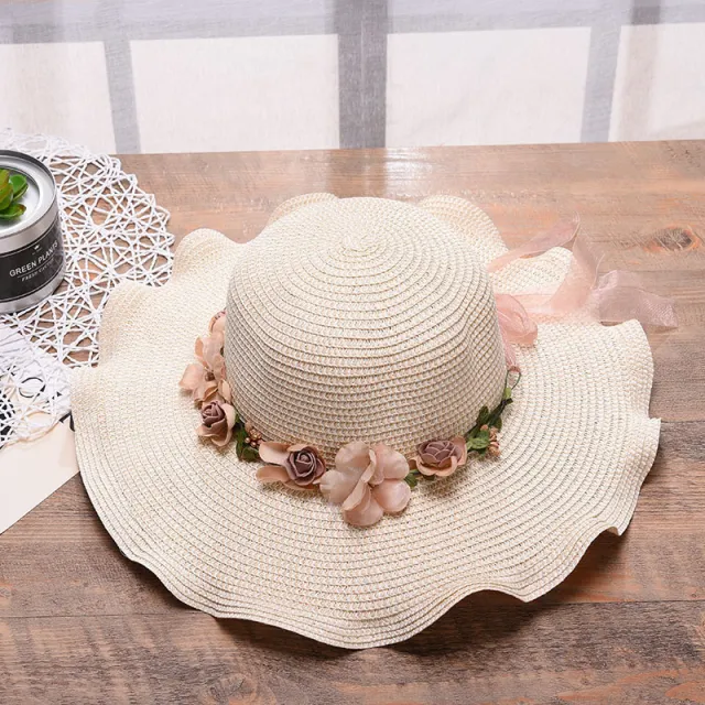 Fashion Big Sunny Sunny Hat Woman Summer Beach Flower Wave Edge Straw Hat Beach Sun Hat Rice White - Shop at LoveMi