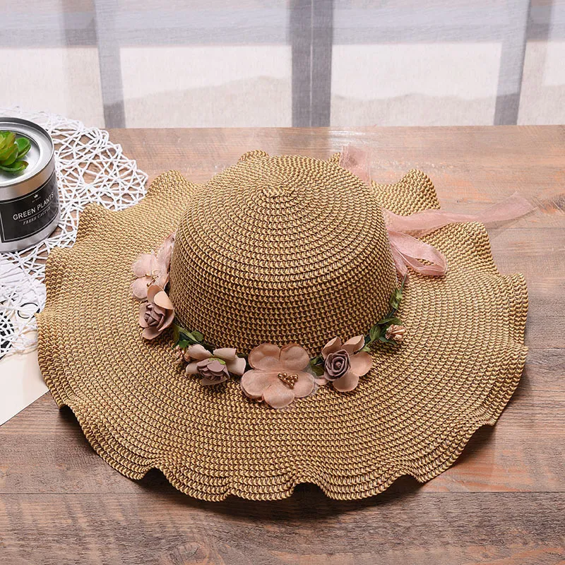 Fashion Big Sunny Sunny Hat Woman Summer Beach Flower Wave Edge Straw Hat Beach Sun Hat - Khaki