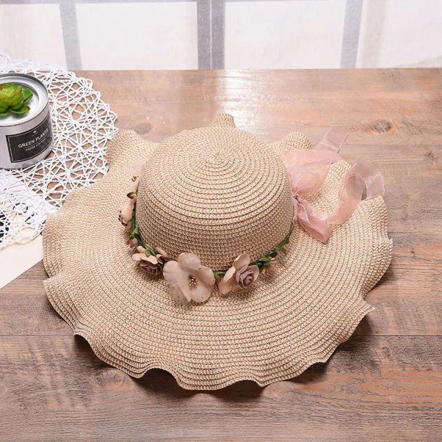 Fashion Big Sunny Sunny Hat Woman Summer Beach Flower Wave Edge Straw Hat Beach Sun Hat Beige - Shop at LoveMi