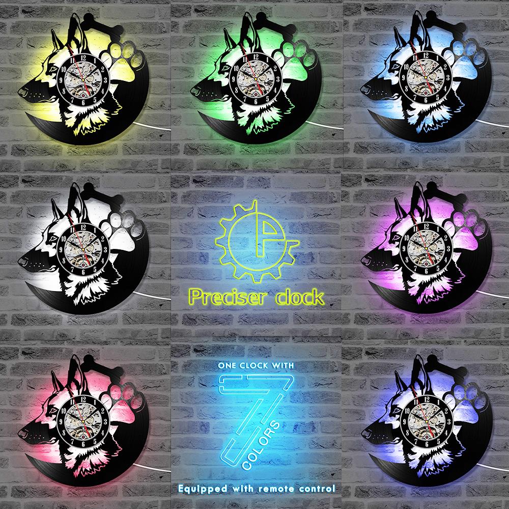 Vinyl Record Wall Clock Led Lighting, Creative Pet Dog Shape, Retro