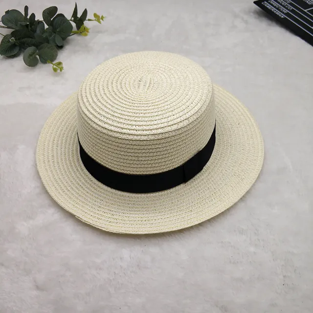 Straw Hat Women's Flat Top Hat Short Hair Hat Summer Korean Version Of The Wild Sun Hat Milky White - Shop at LoveMi