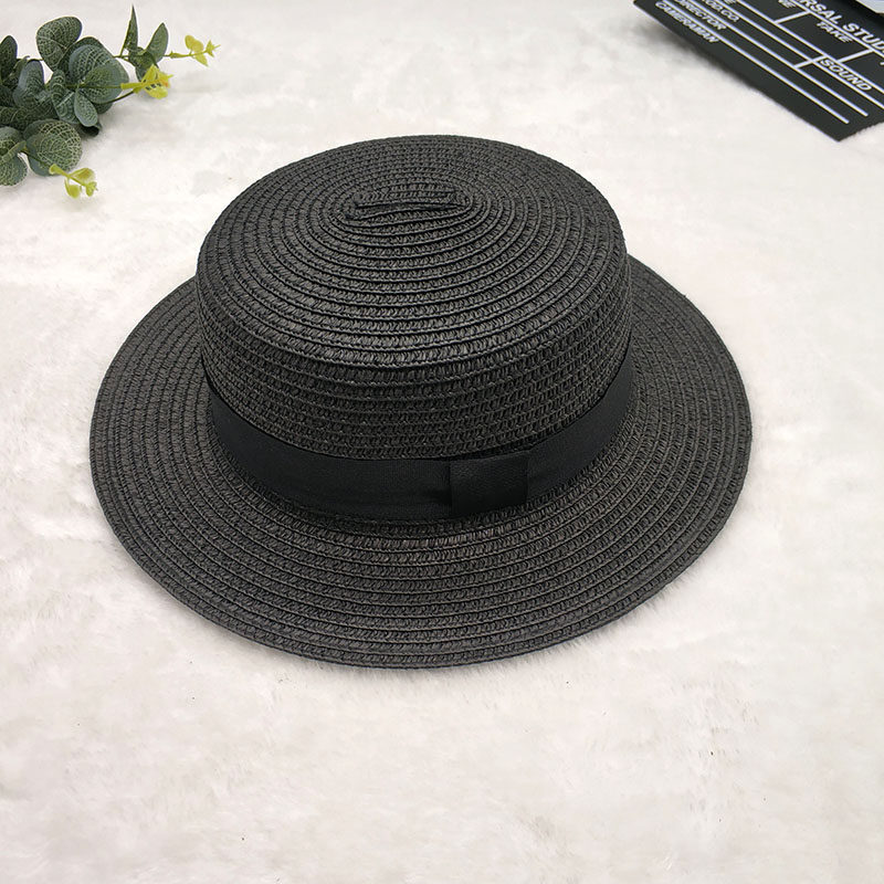 Straw Hat Women's Flat Top Hat Short Hair Hat Summer Korean Version Of The Wild Sun Hat Black - Shop at LoveMi