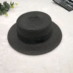 Straw Hat Women's Flat Top Hat Short Hair Hat Summer Korean Version Of The Wild Sun Hat - Black - View 1