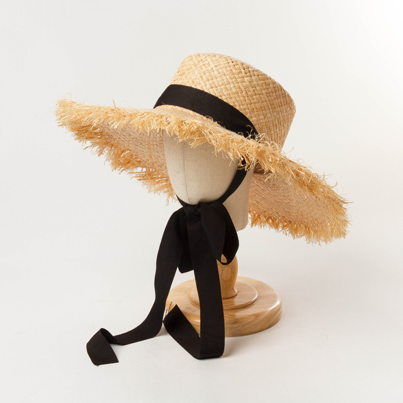 Hand Knitted Raffia Straw Hat With Frayed Edge Black - Shop at LoveMi