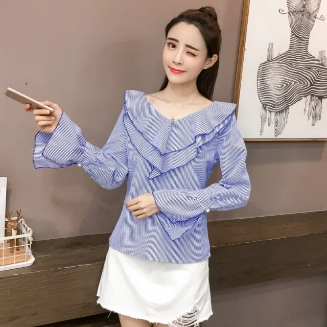 Spring New Shirt Korean Loose V neck Blue - Shop at LoveMi