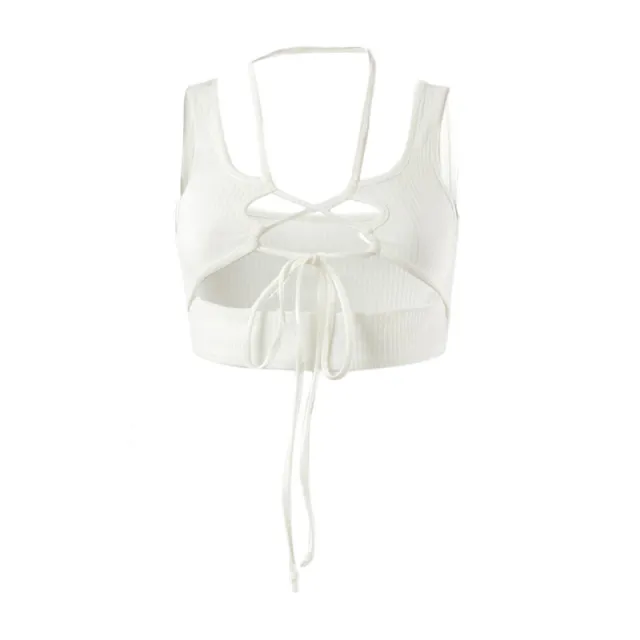 Solid Color Halterneck Sleeveless Hollow Umbilical Tie T Shirt White - Shop at LoveMi