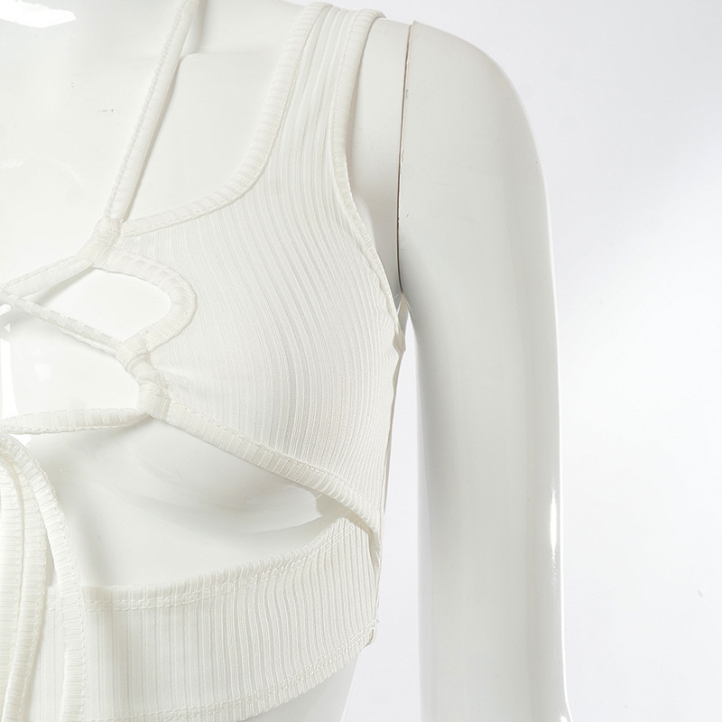 Solid Color Halterneck Sleeveless Hollow Umbilical Tie T-Shirt