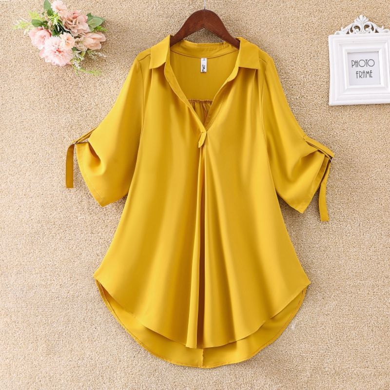 Summer New Style V-Neck Solid Color Loose Chiffon Blouse Plus Size Short-Sleeved Shirt