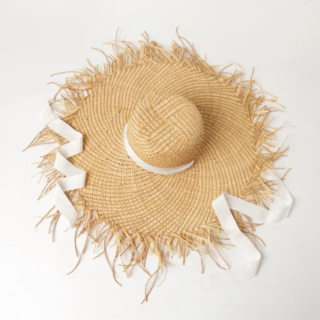 New Raffia And Papyrus Blended Woolen Fringed Straw Hat With Big Brim White Straps - Shop at LoveMi