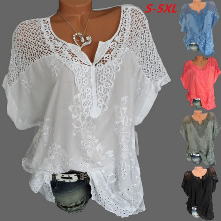 European And American Fashion Womens Lace V-Neck Embroidered Short-Sleeved Bat Shirt