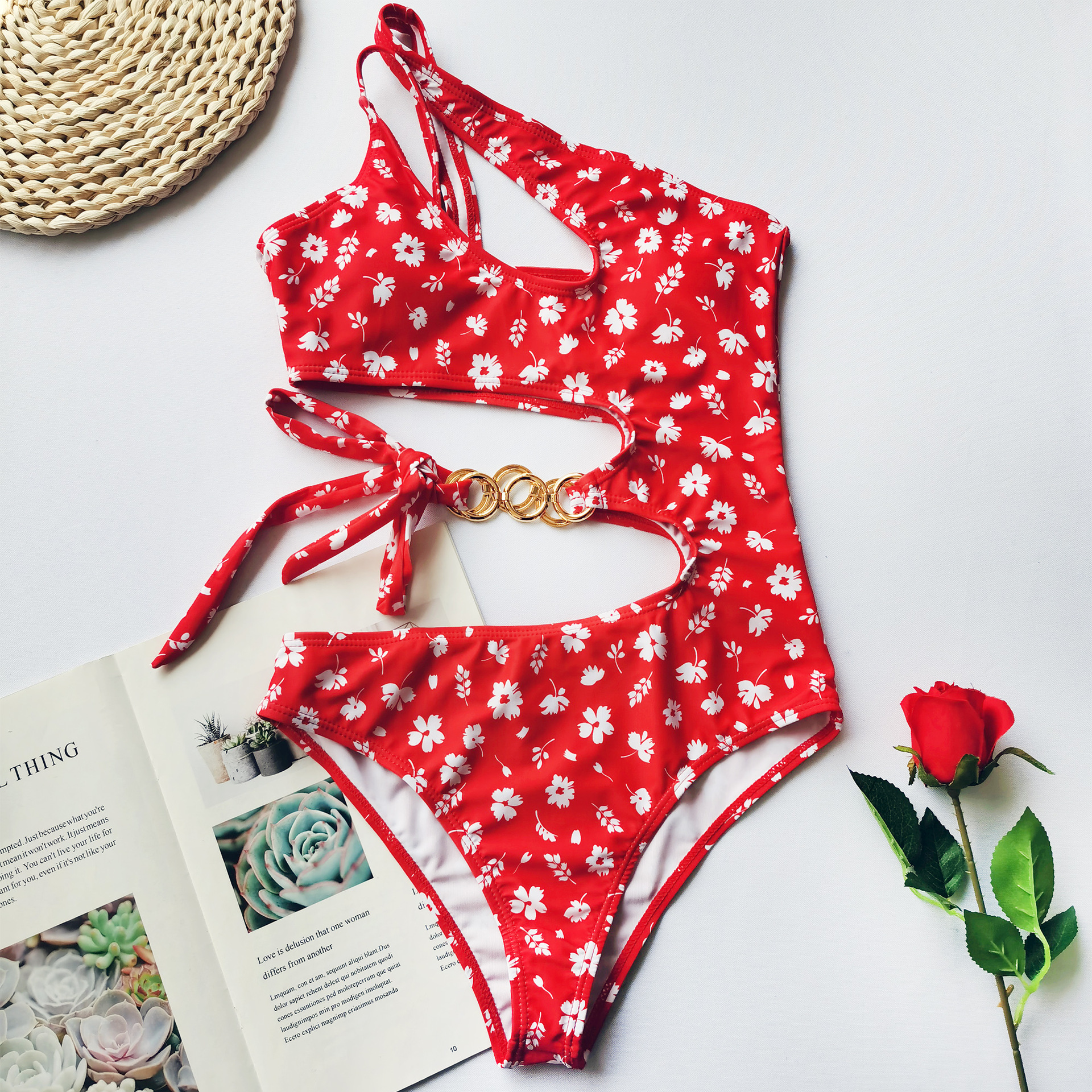 Swimsuit Ladies Split Swimsuit Bow Knot Small Floral One-Piece Irregular Stitching Bikini