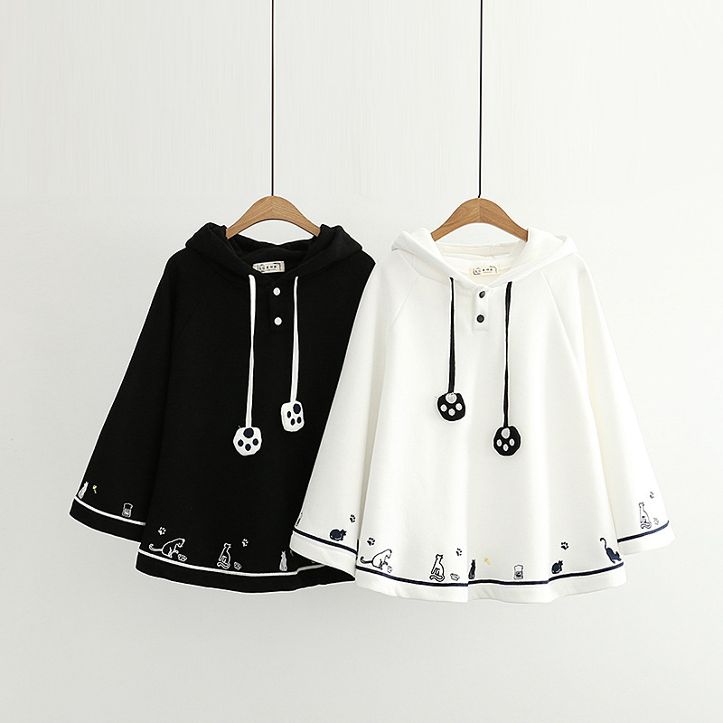 Cape Coat Sweet And Cute Soft Girl Style Girl Heart Cat Embroidery Autumn And Winter Plus Velvet Bat Sleeve Top