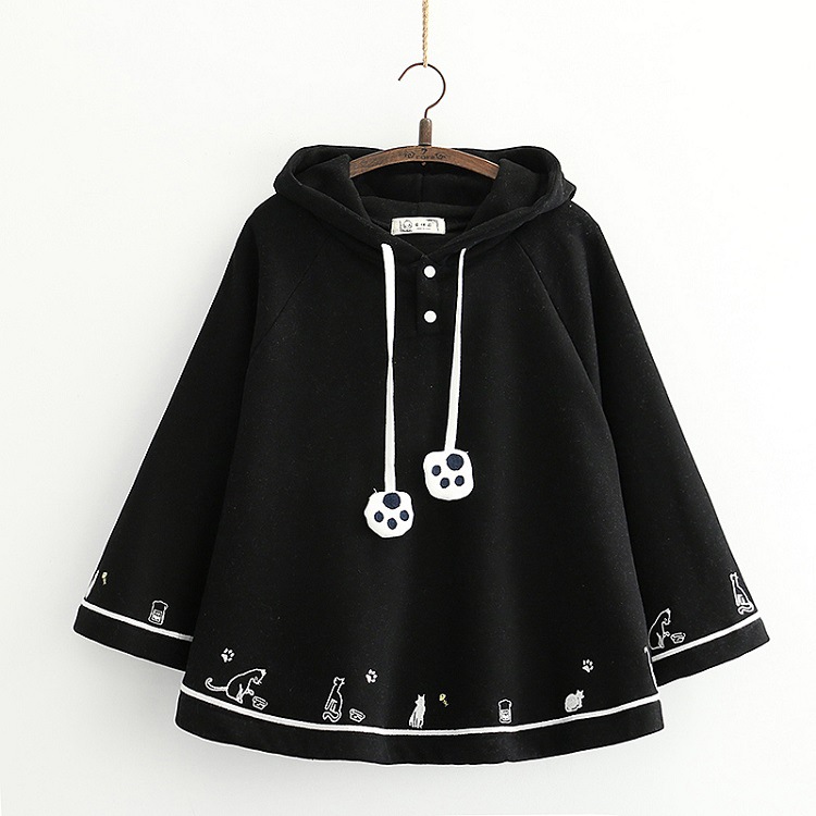 Cape Coat Sweet And Cute Soft Girl Style Girl Heart Cat Embroidery Autumn And Winter Plus Velvet Bat Sleeve Top Black - Shop at LoveMi