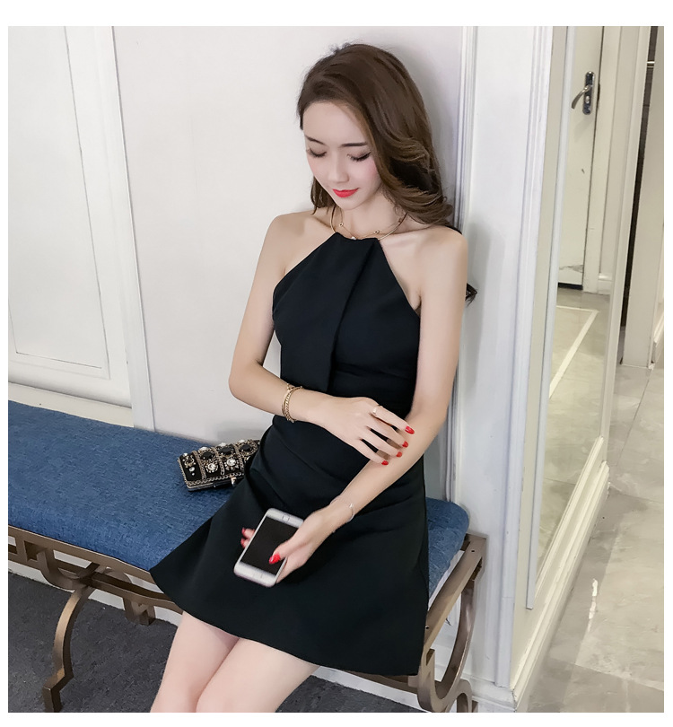 Women's Sexy Metal Ring Hanging A-line Skirt Neck Slim Mid-length Sleeveless Dress Women