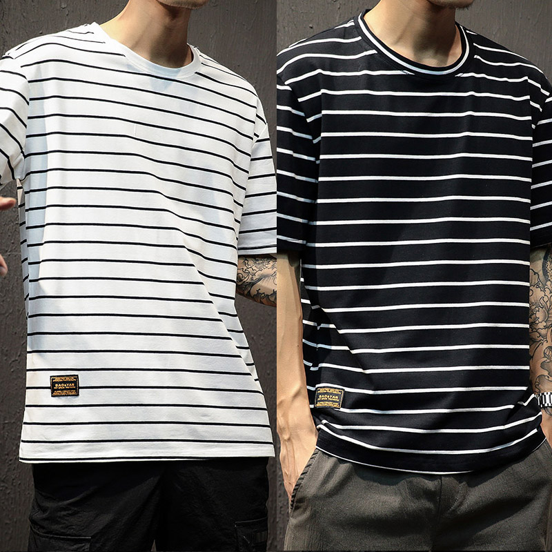 Striped Short-sleeved T-shirt Men's Bottoming Shirt Plus Size Clothes Loose Tide Ins Half Sleeve