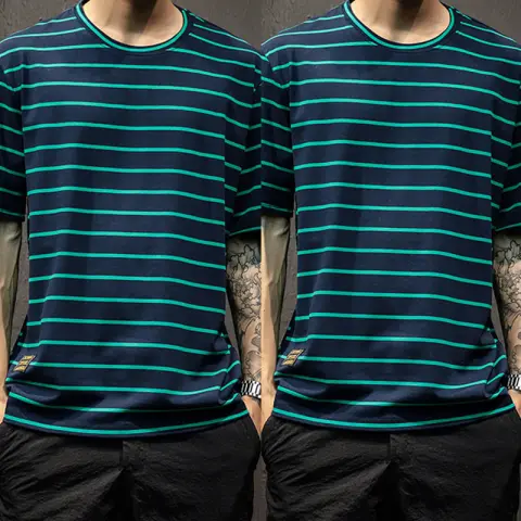 Striped Short-sleeved T-shirt Men's Bottoming Shirt Plus Size Clothes