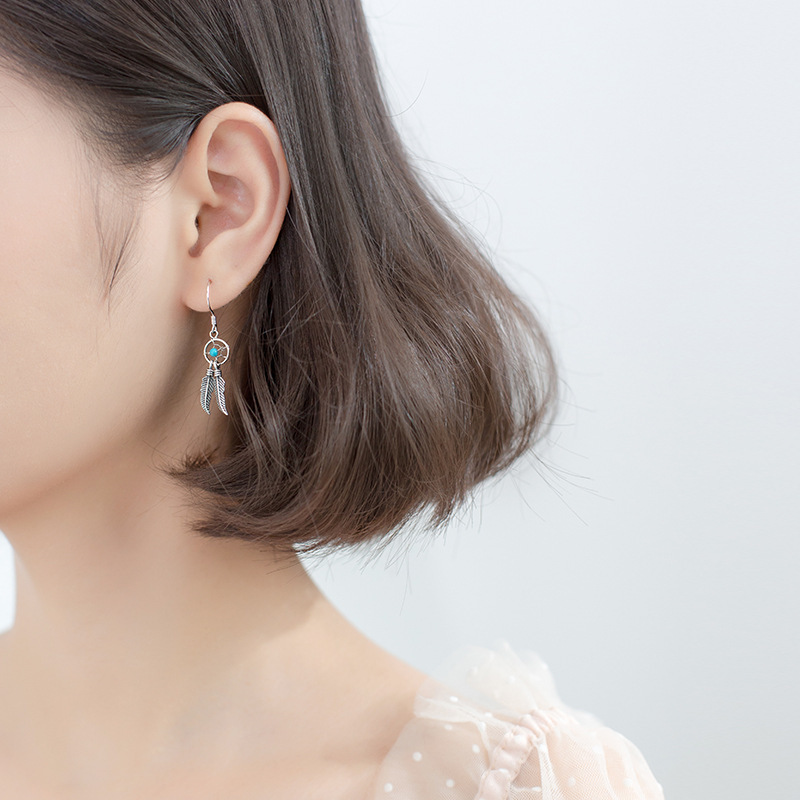 Simple Retro Hollow Blue Beads Dream Catcher Tassel Earrings Earrings