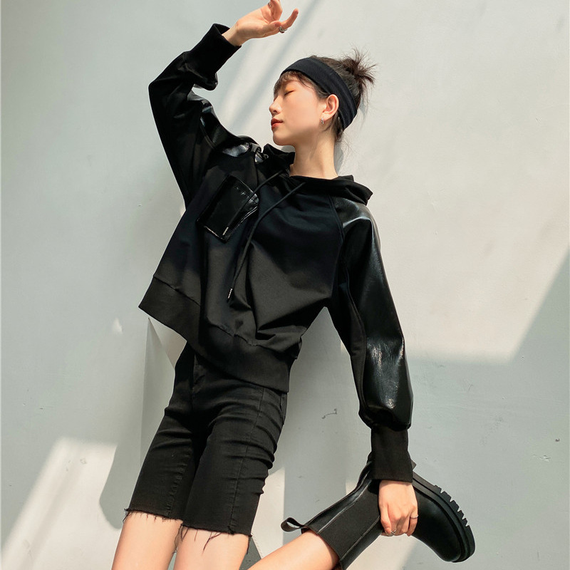 Girly Black Hooded Design Niche Loose Top