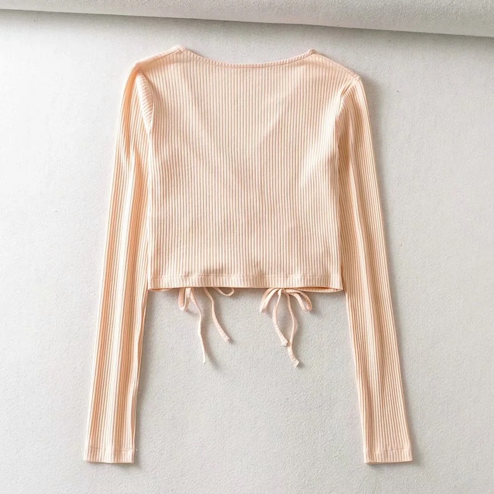 Autumn Lace Ultra Short Solid Color V-neck Umbilical Cord Drawstring Long T Flamingo Costume