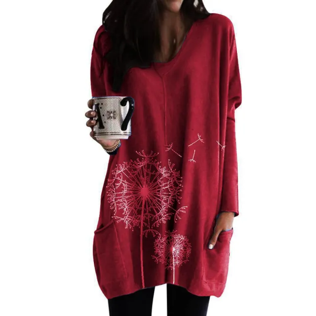Round Neck Printed Long sleeved Blouse Sweater T shirt Women Wine Red - Shop at LoveMi