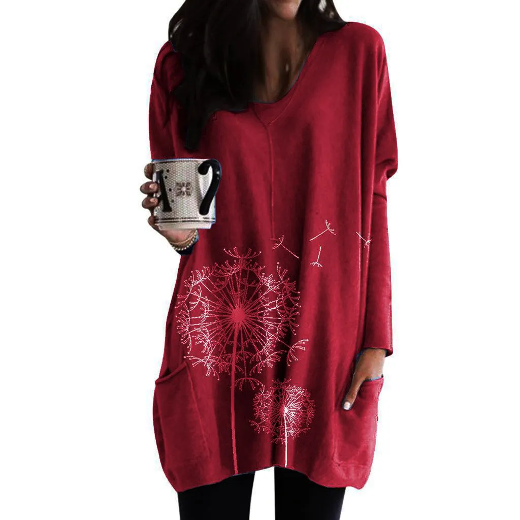 Round Neck Printed Long-sleeved Blouse Sweater T-shirt Women - Wine Red