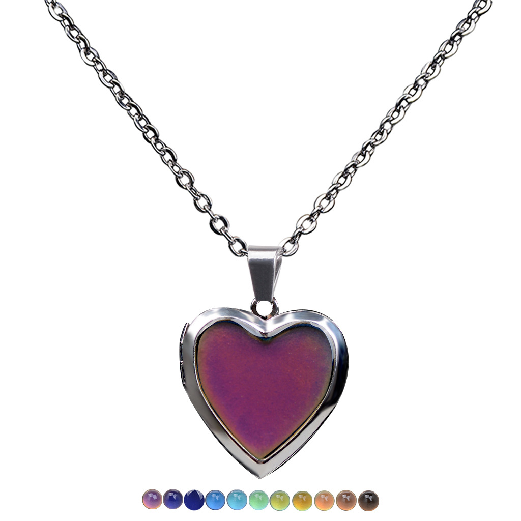 Heart Mood Locket Necklace Color Changing Pendant Necklace Stainless Steel Chain