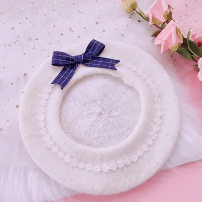 Japanese Beret Lolita Biscuit Hat Girl Sweet And Cute Beret - Dark Blue Grid Beige Hat