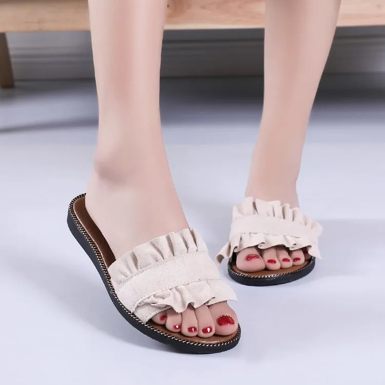 Fashionable Fungus Lace Design Slippers Flat Heel Women's Shoes - Beige