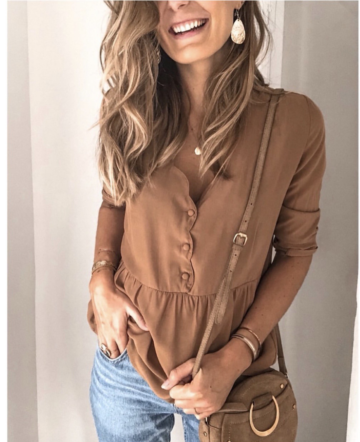 Solid Color Stitching Three-quarter Sleeve Shirt Top