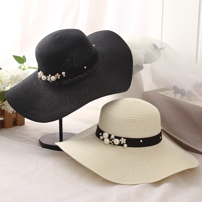 New Style Hat Ladies Leisure Big Brim Hat Beach Sunscreen Foldable Straw Hat Pearl Rivet Flat Brim Hat Wholesale