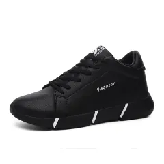 Leather Thick-Soled Inner Heightening Student Running Shoes - Black - View 1