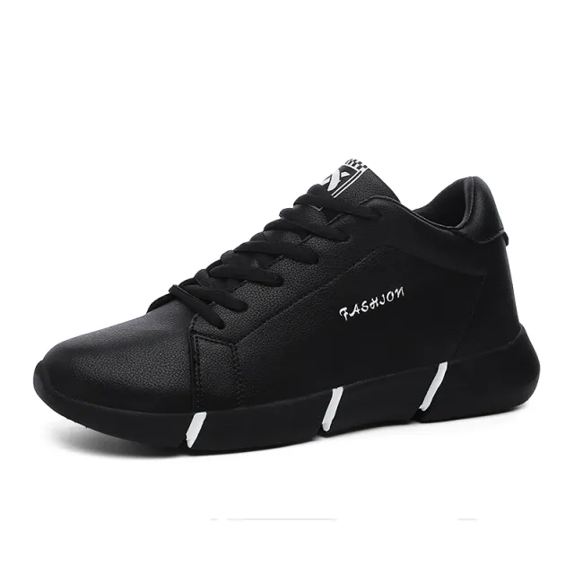 Leather Thick Soled Inner Heightening Student Running Shoes Black - Shop at LoveMi