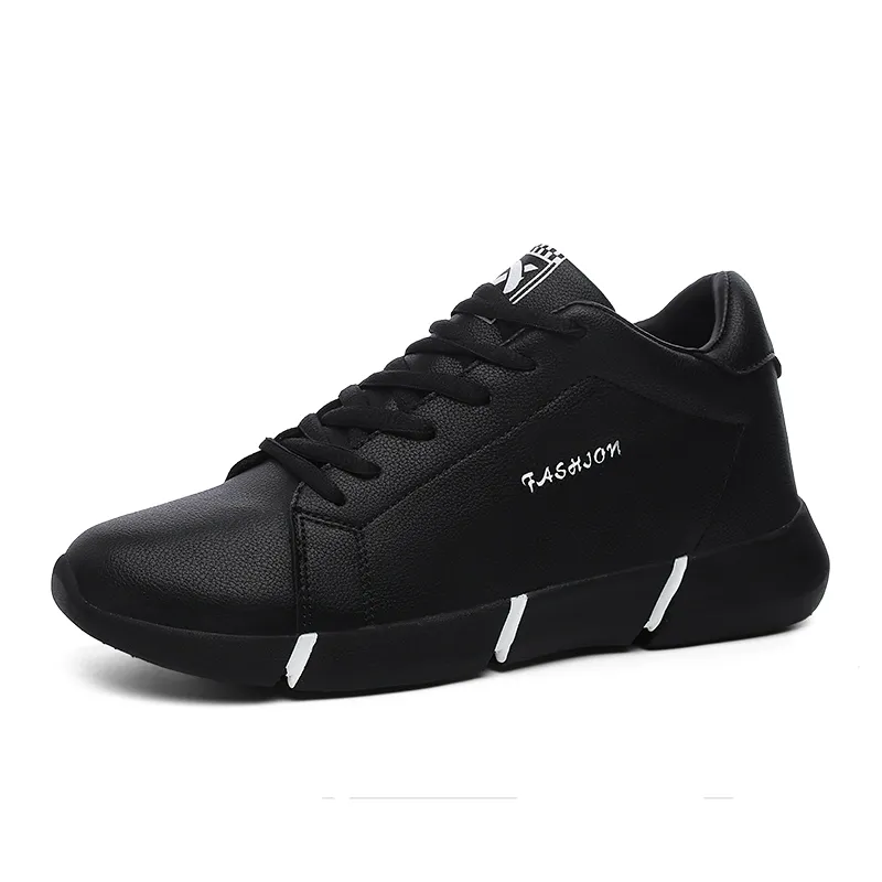 Leather Thick-Soled Inner Heightening Student Running Shoes - Black