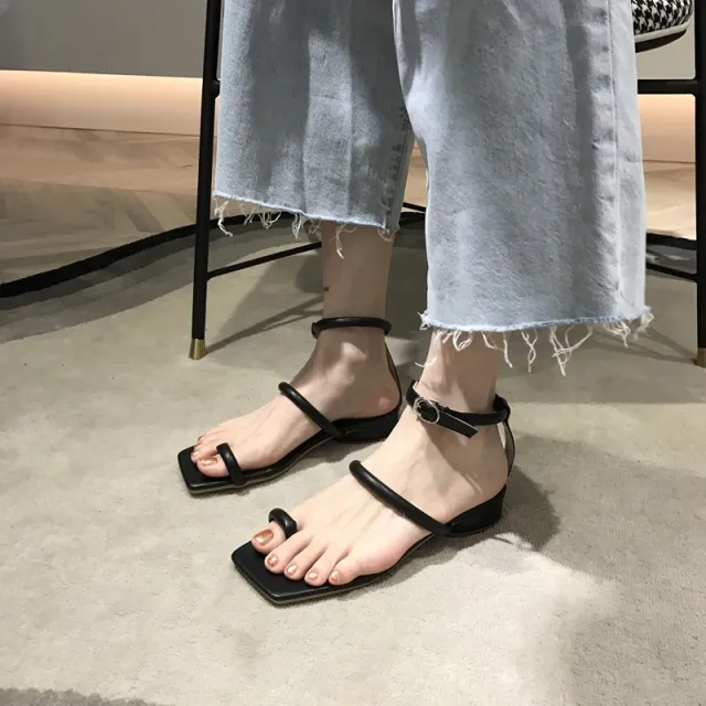 Casual Fairy Slip On Flat Sandals With Thin Straps And Square Toe Black - Shop at LoveMi