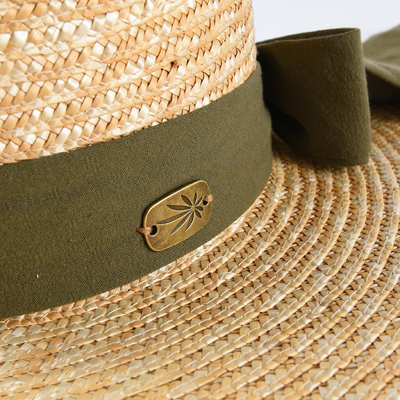 Wheat Straw Flat Top Straw Hat Korean Bowknot Straw Hat Big Eaves Sunscreen Sun Hat Travel Holiday Beach Hat Female