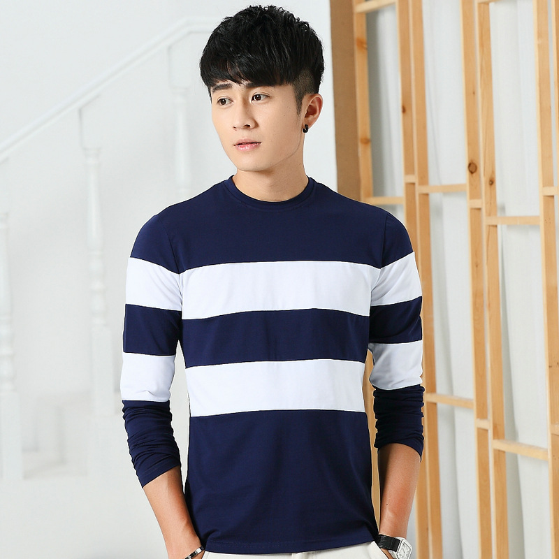Men's Long Sleeved T Shirt Striped Cotton T Shirt Men's Fashion Bottoming Shirt